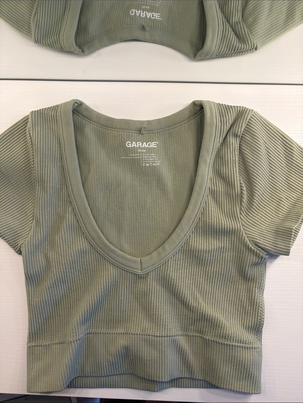 Garage Sage Green Ribbed V-Neck Crop Top